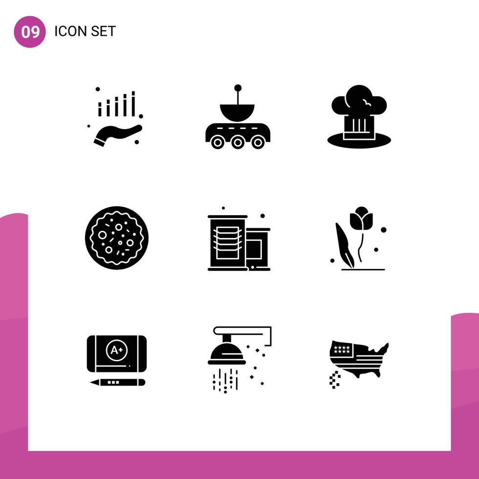 modern reeks van 9 solide glyphs pictogram van restaurant peperoni ruimte Italiaans voedsel koken bewerkbare vector ontwerp elementen