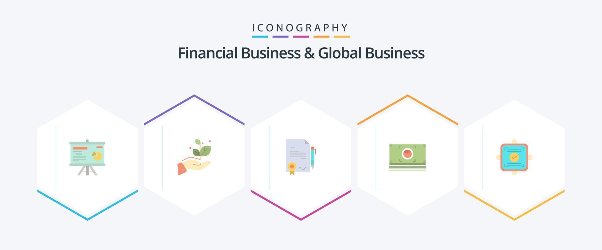 financieel bedrijf en globaal bedrijf 25 vlak icoon pak inclusief rapport. dollar. overeenkomst. contant geld. geld vector