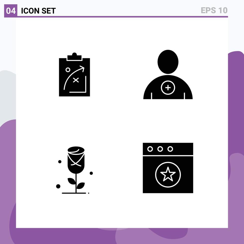 4 solide glyph concept voor websites mobiel en apps plan bloem tactiek volgen liefde bewerkbare vector ontwerp elementen