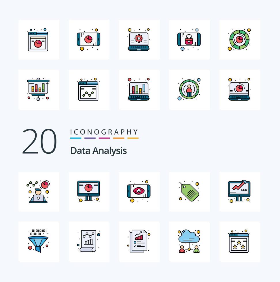 20 gegevens analyse lijn gevulde kleur icoon pak Leuk vinden gegevens label diagram prijs label analyse vector