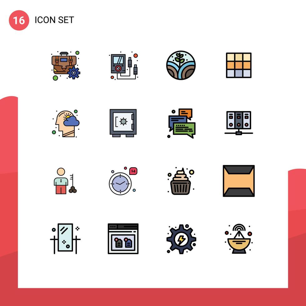 16 universeel vlak kleur gevulde lijnen reeks voor web en mobiel toepassingen geest hoofd milieu wolk ui bewerkbare creatief vector ontwerp elementen
