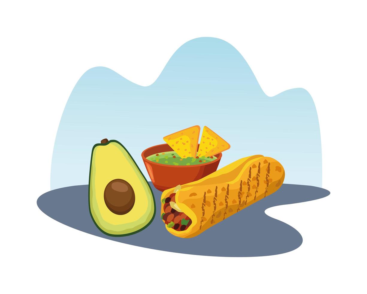 heerlijke mexicaanse burrito met avocado en nacho's in saus vector