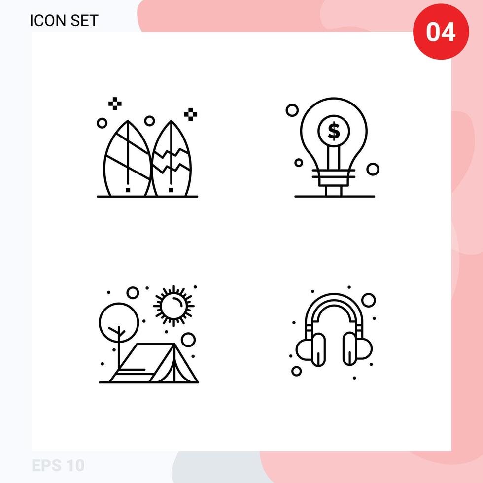 4 universeel gevulde lijn vlak kleuren reeks voor web en mobiel toepassingen bord investering surfen bedrijf camping bewerkbare vector ontwerp elementen