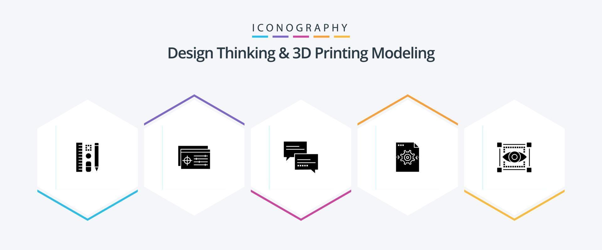 ontwerp denken en d het drukken modellering 25 glyph icoon pak inclusief visie. pijl. chatten. instelling. het dossier vector