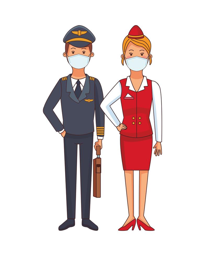 piloot en stewardess die gezichtsmaskers gebruiken vector