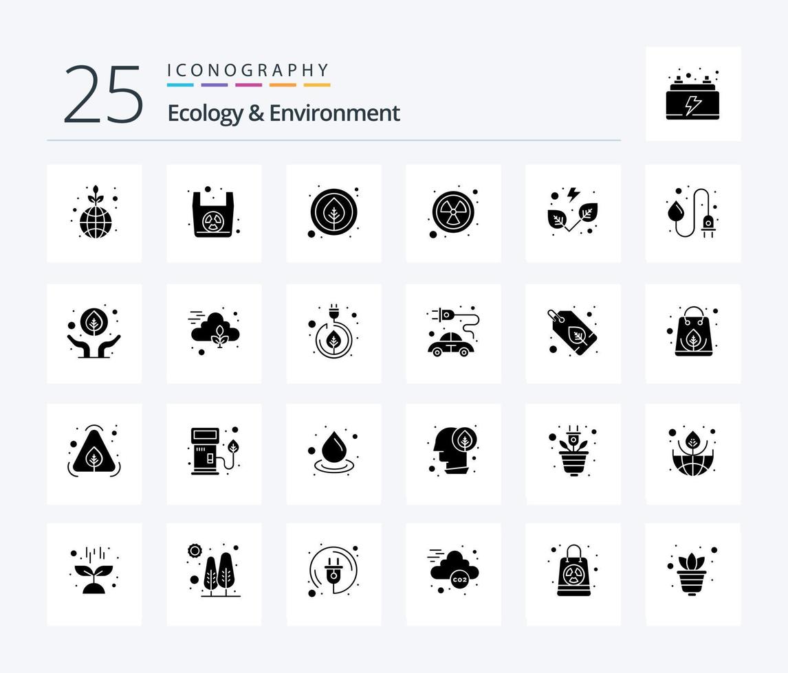 ecologie en milieu 25 solide glyph icoon pak inclusief bladeren. radioactiviteit. omgeving. radioactief. nucleair vector