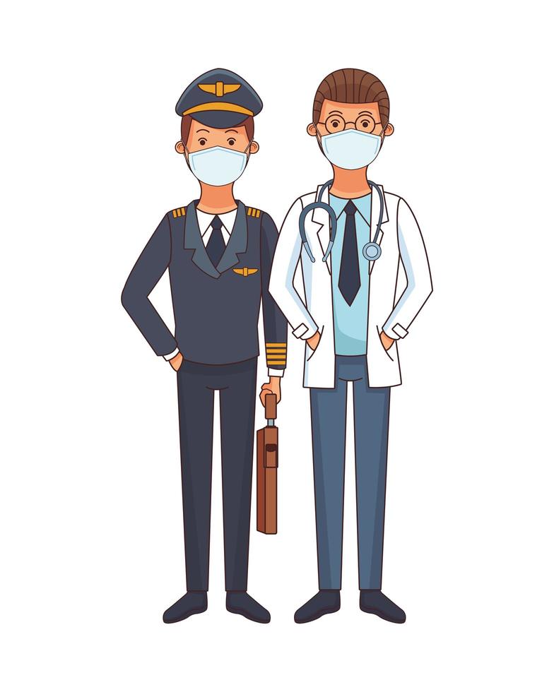 piloot en arts die gezichtsmaskers gebruiken vector
