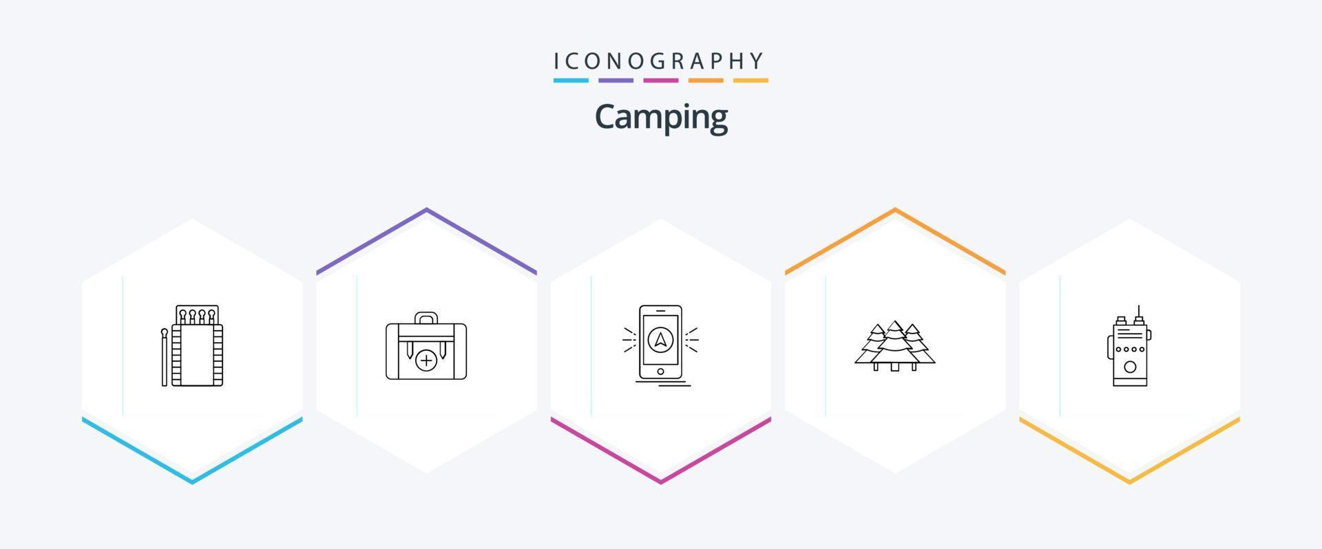 camping 25 lijn icoon pak inclusief oerwoud. Woud. hiking. plaats. camping vector