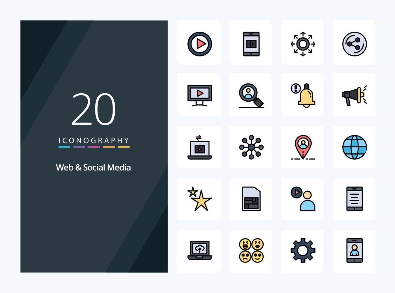 20 web en sociaal media lijn gevulde icoon voor presentatie vector