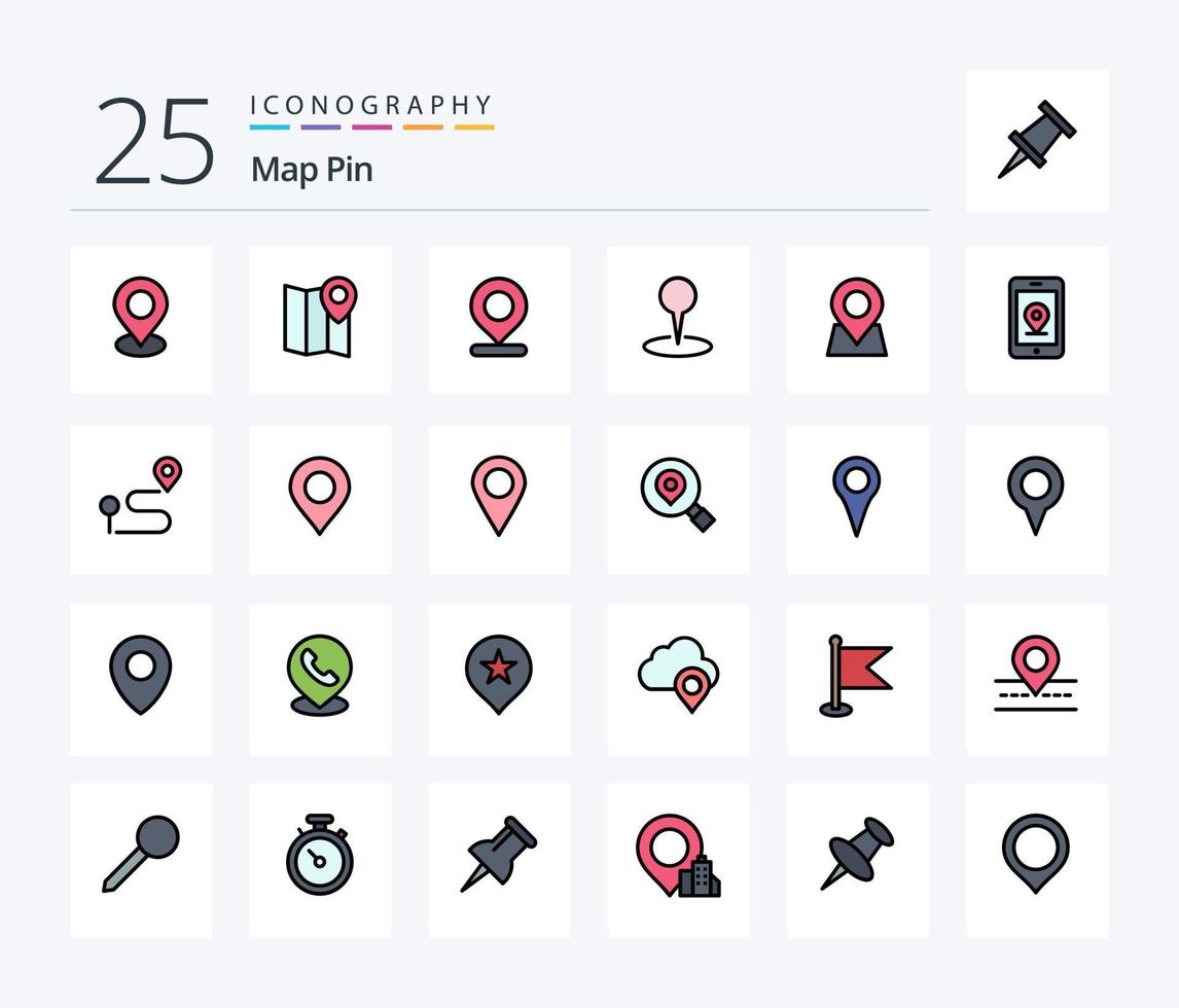 kaart pin 25 lijn gevulde icoon pak inclusief plaats. zoeken. kaart. Onderzoek. markeerstift vector