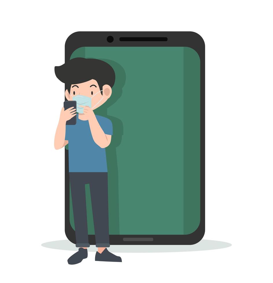 sociale afstandelijke mensen met een mobiele telefoon vector