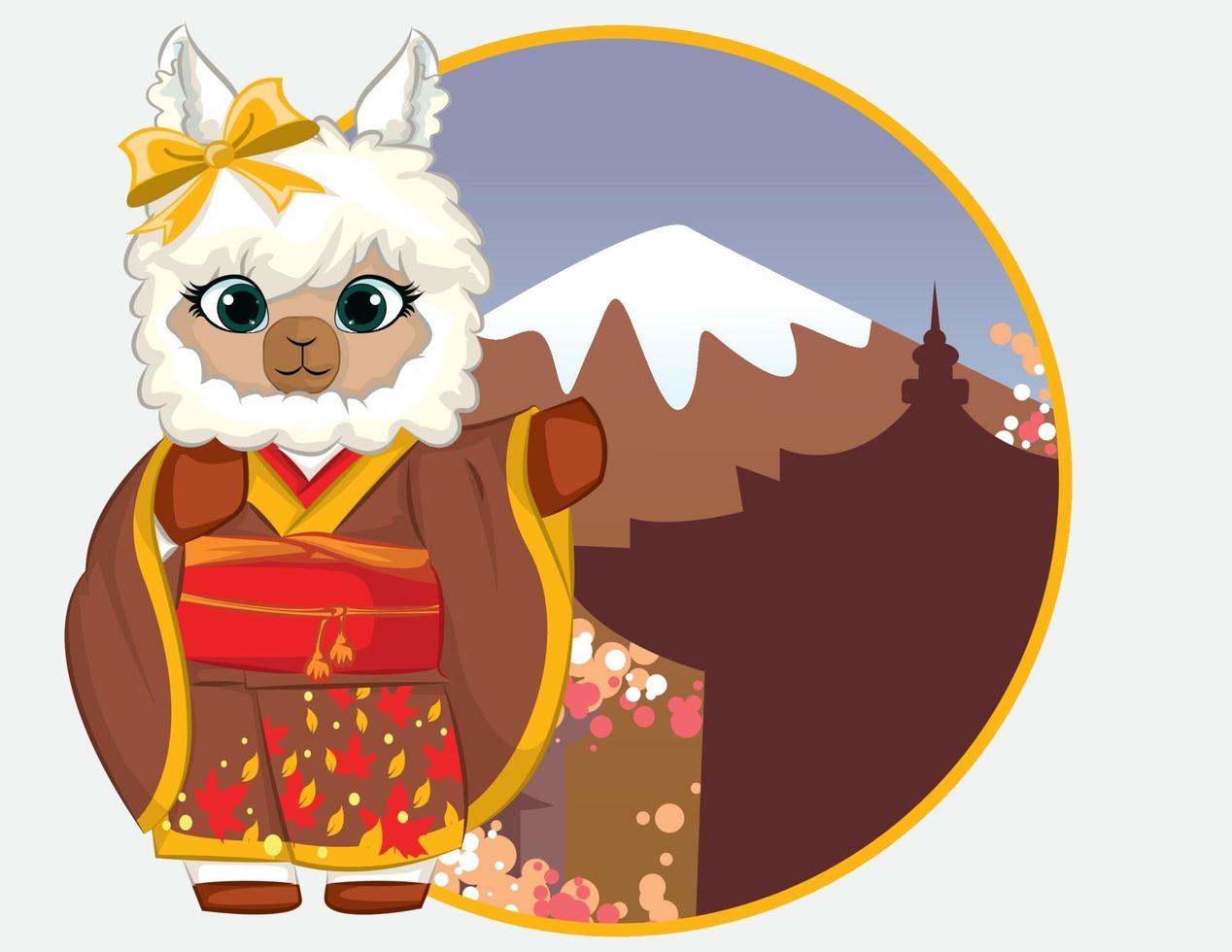 schattige lama herfst illustratie met kimono-jurk en mount fuji vector