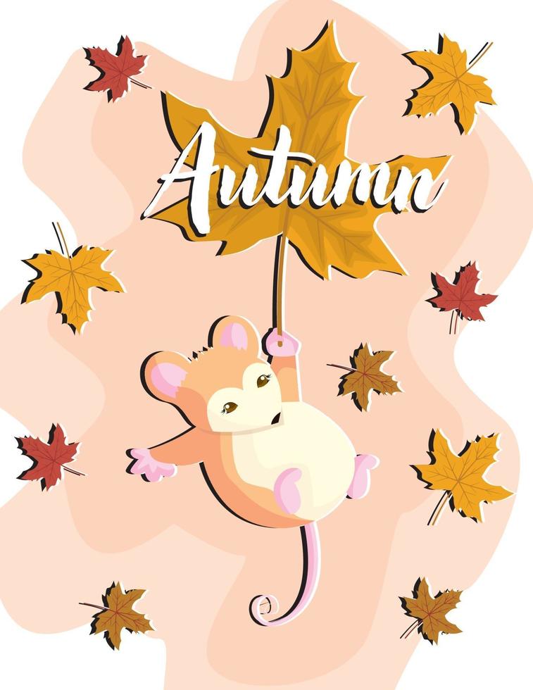 schattige baby muis stripfiguur vliegen met oranje herfstblad, platte vectorillustratie geïsoleerd op een witte achtergrond. lief klein diertje voor prints en kaarten. vector