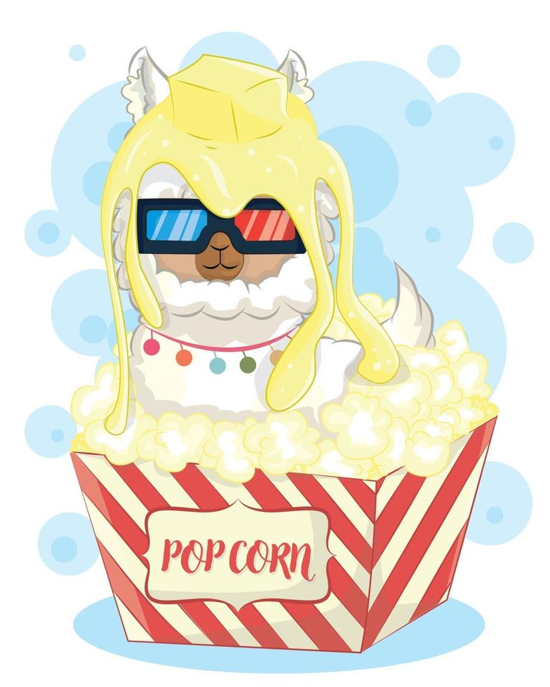 schattige lama in popcorn een film kijken vector