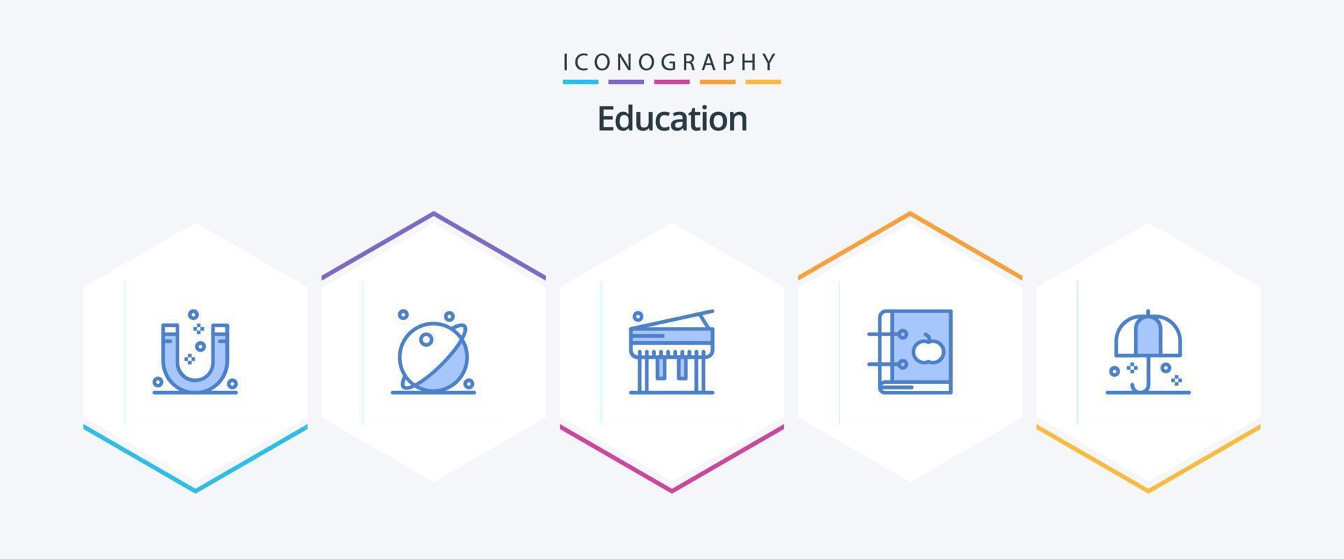 onderwijs 25 blauw icoon pak inclusief aan het leren. onderwijs. ruimte. boek. piano vector