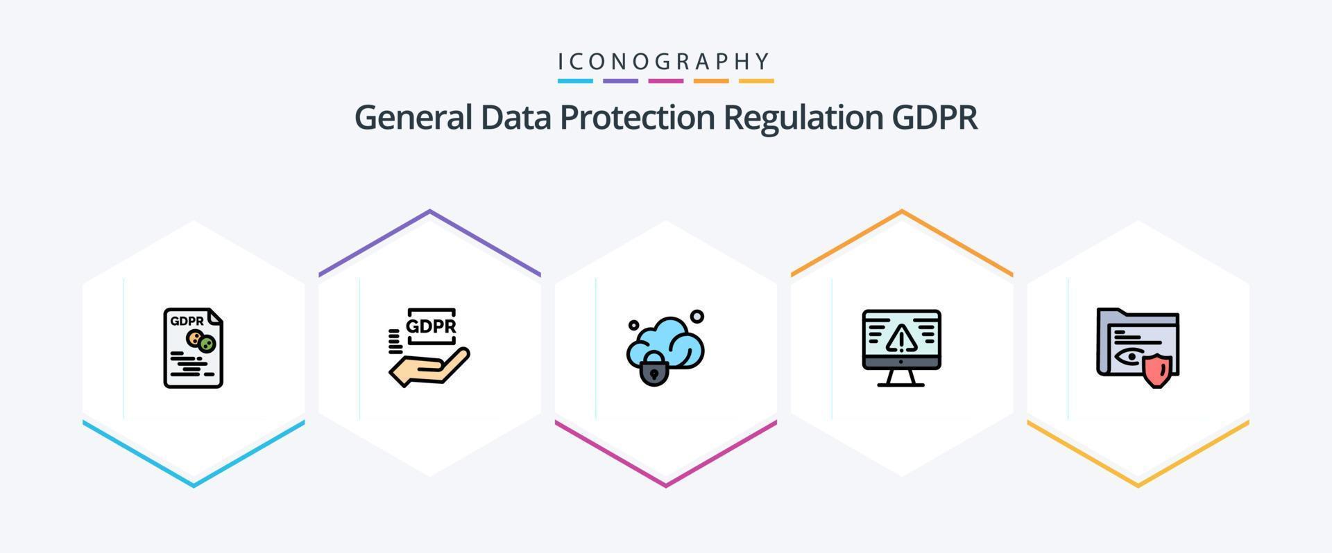 gdpr 25 gevulde lijn icoon pak inclusief gdpr. fout. bescherming. veiligheid. beveiligen vector