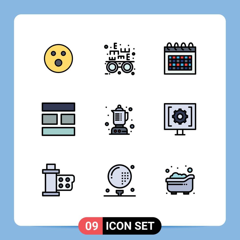 groep van 9 gevulde lijn vlak kleuren tekens en symbolen voor keuken blender datum lay-out bewerken bewerkbare vector ontwerp elementen