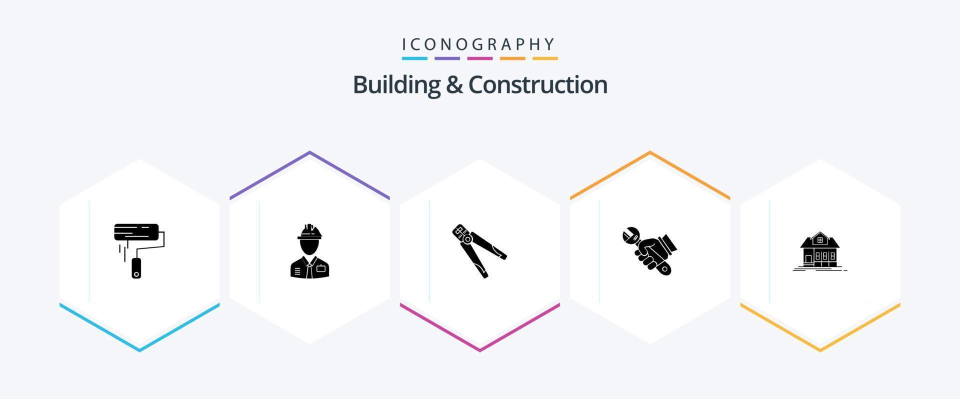 gebouw en bouw 25 glyph icoon pak inclusief moersleutel. hulpmiddel. aannemer. krimpen. gebouw vector