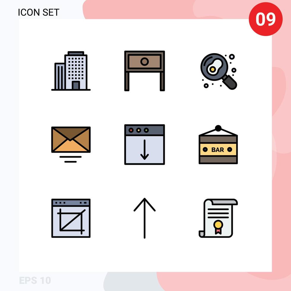 modern reeks van 9 gevulde lijn vlak kleuren pictogram van exporteren app Koken tekst mail bewerkbare vector ontwerp elementen