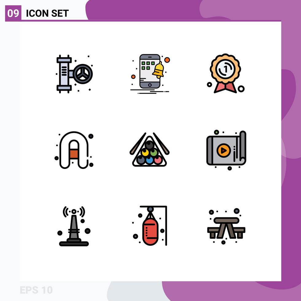 universeel icoon symbolen groep van 9 modern gevulde lijn vlak kleuren van zwembad snooker prijs insigne bal camping bewerkbare vector ontwerp elementen