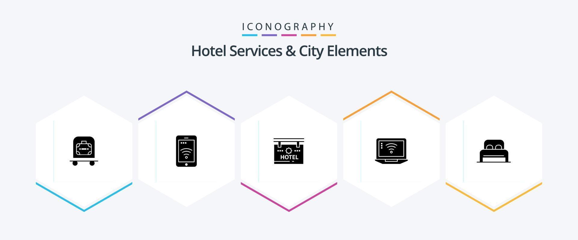 hotel Diensten en stad elementen 25 glyph icoon pak inclusief slaap . Wifi. hotel . signaal. laptop vector
