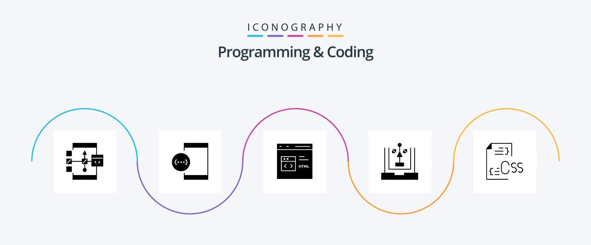 programmering en codering glyph 5 icoon pak inclusief ontwikkeling. codering. ontwikkeling. html. ontwikkelen vector