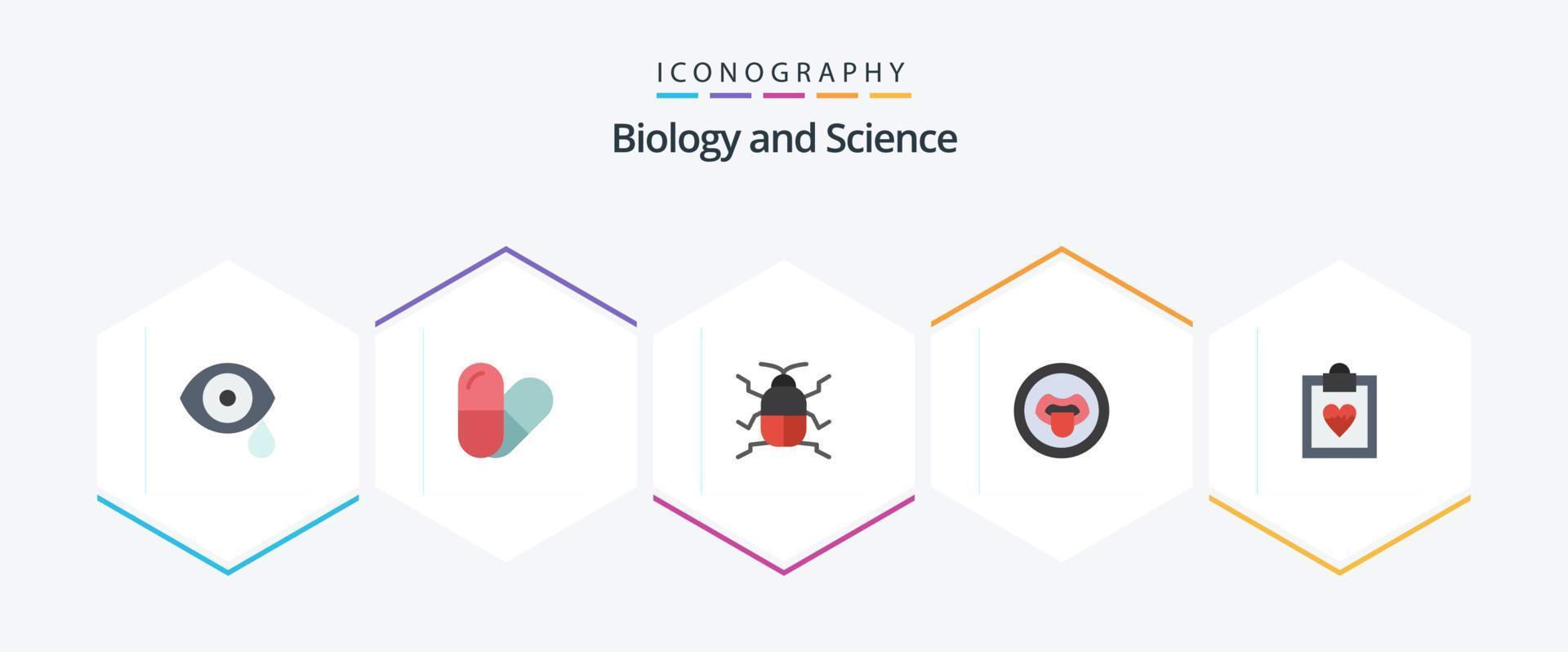 biologie 25 vlak icoon pak inclusief resultaten. cardiogram. beestje. wetenschap. laboratorium vector