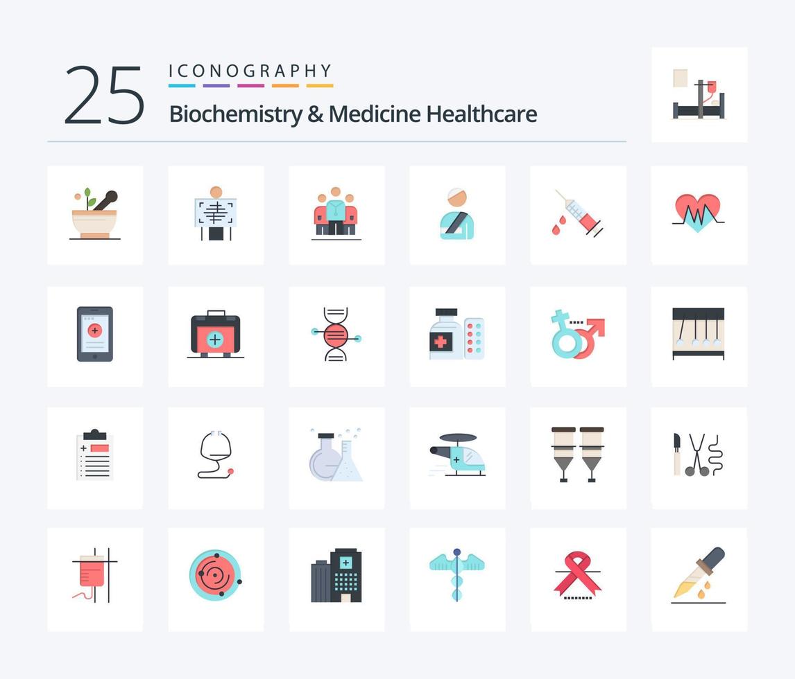 biochemie en geneeskunde gezondheidszorg 25 vlak kleur icoon pak inclusief dope. gewond. gebruiker. ziekenhuis vector
