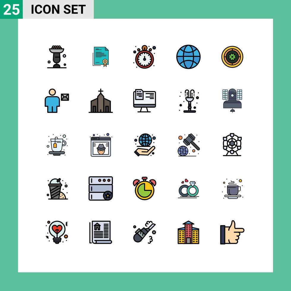 mobiel koppel gevulde lijn vlak kleur reeks van 25 pictogrammen van wetenschap wereldbol wettelijk document kijk maar hou op kijk maar bewerkbare vector ontwerp elementen