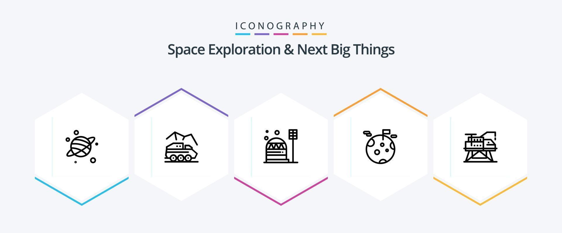 ruimte exploratie en De volgende groot dingen 25 lijn icoon pak inclusief bouw. reusachtig. baseren. gas. bewoning vector