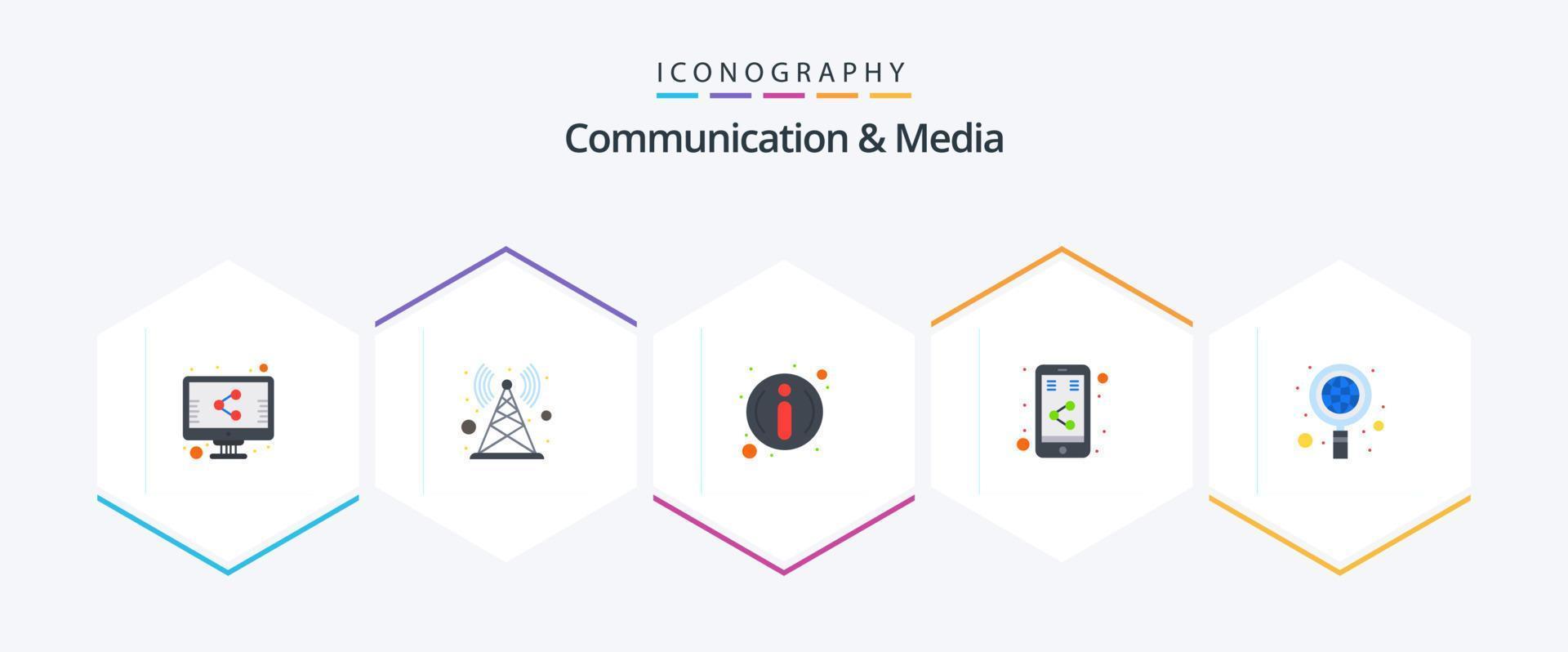 communicatie en media 25 vlak icoon pak inclusief wereldbol. globaal. informatie. bedrijf. delen vector