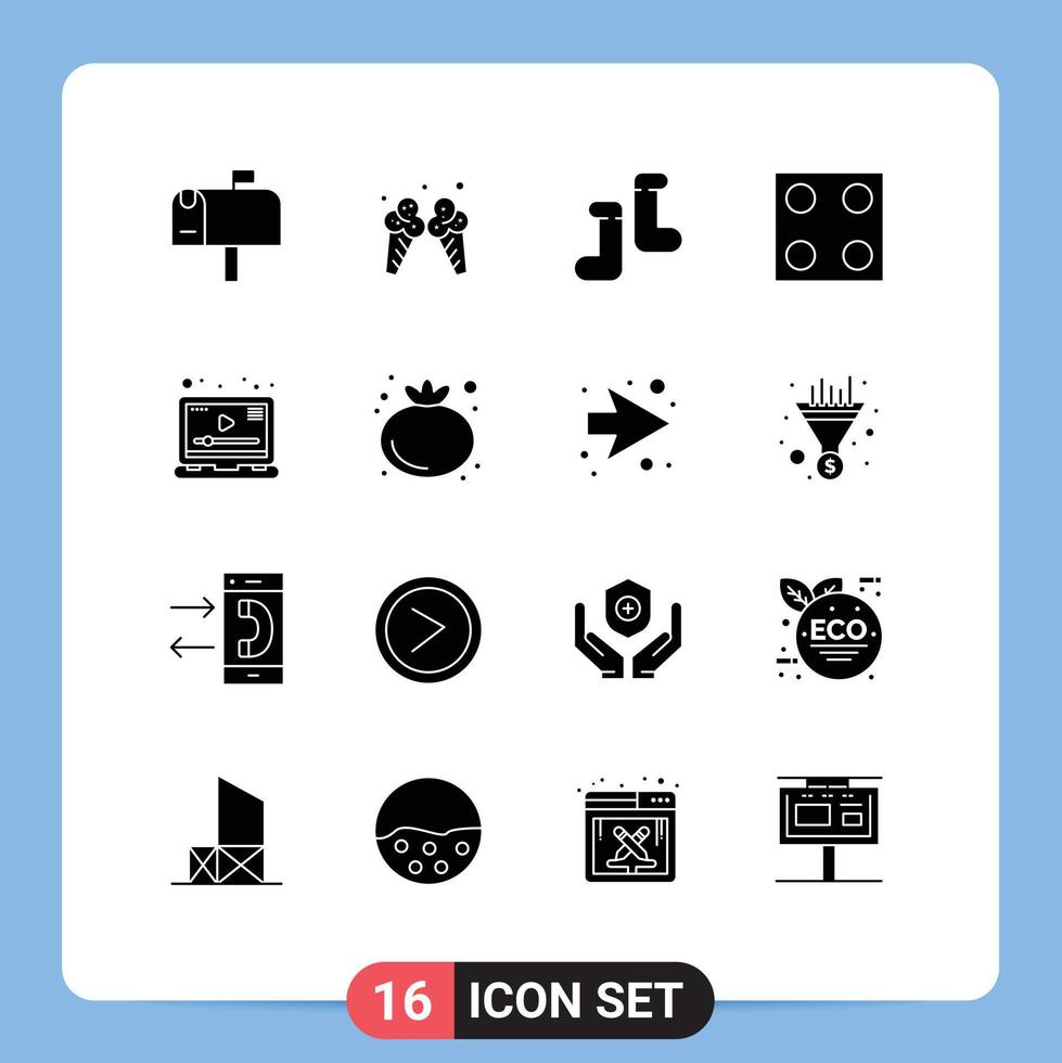 modern reeks van 16 solide glyphs pictogram van tomaat afzet schoenen video media bewerkbare vector ontwerp elementen