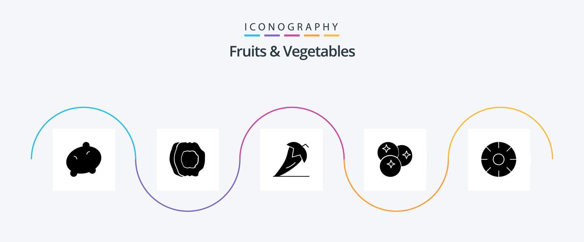 fruit en groenten glyph 5 icoon pak inclusief lijn. fruit. Chili. voedsel. groenten vector