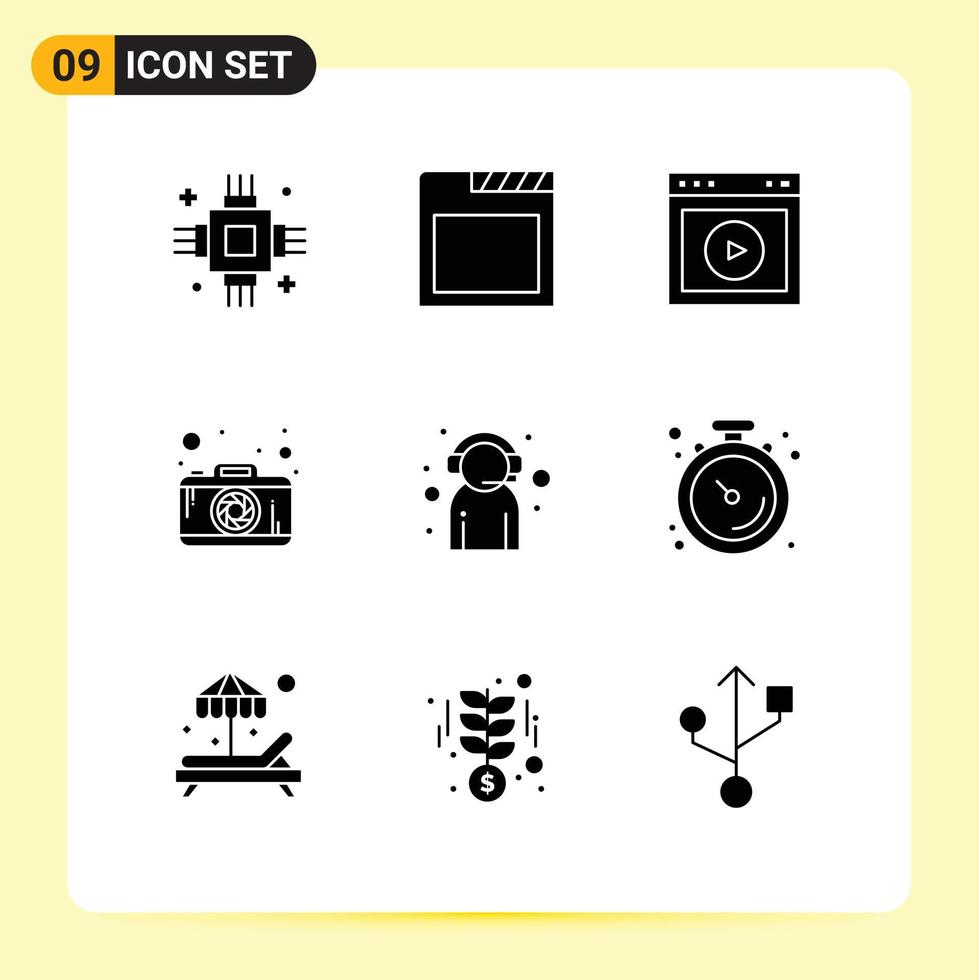 9 solide glyph concept voor websites mobiel en apps klant fotografie Speel camera website bewerkbare vector ontwerp elementen