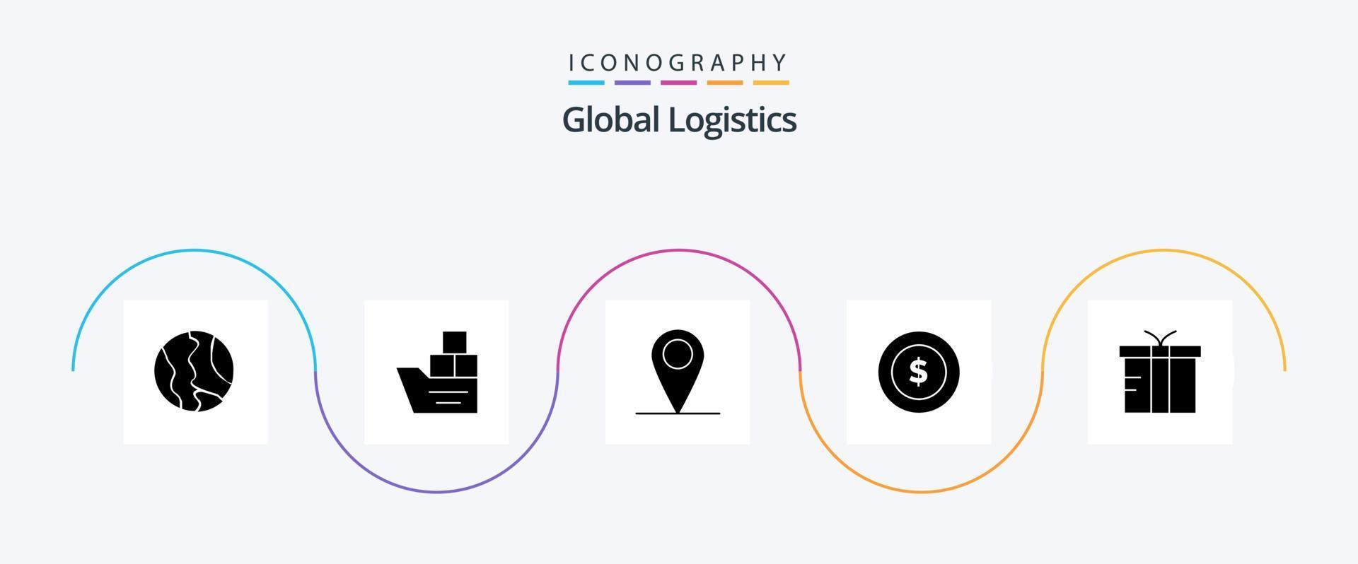 globaal logistiek glyph 5 icoon pak inclusief doos. logistiek. vervoer. dollar munt. pin vector