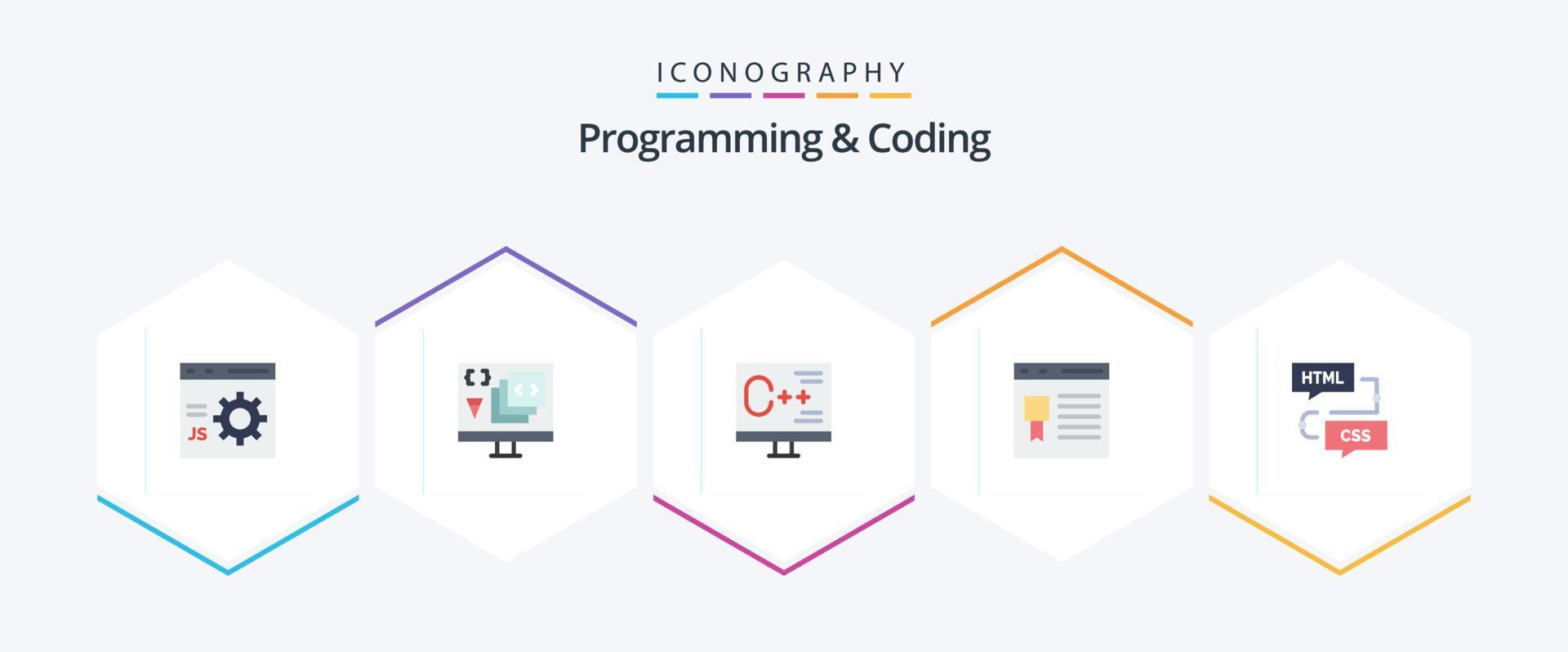 programmering en codering 25 vlak icoon pak inclusief ontwikkeling. browser. ontwikkeling. programmeren. ontwikkelen vector