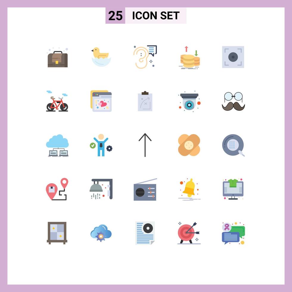 25 vlak kleur concept voor websites mobiel en apps camera inkomen oor goud financiën bewerkbare vector ontwerp elementen