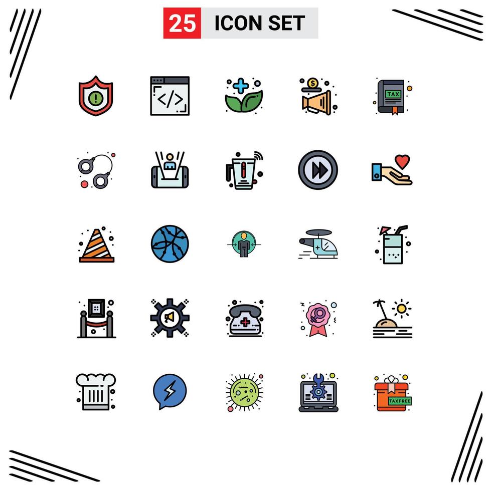 universeel icoon symbolen groep van 25 modern gevulde lijn vlak kleuren van boek app kruid geld megafoon bewerkbare vector ontwerp elementen