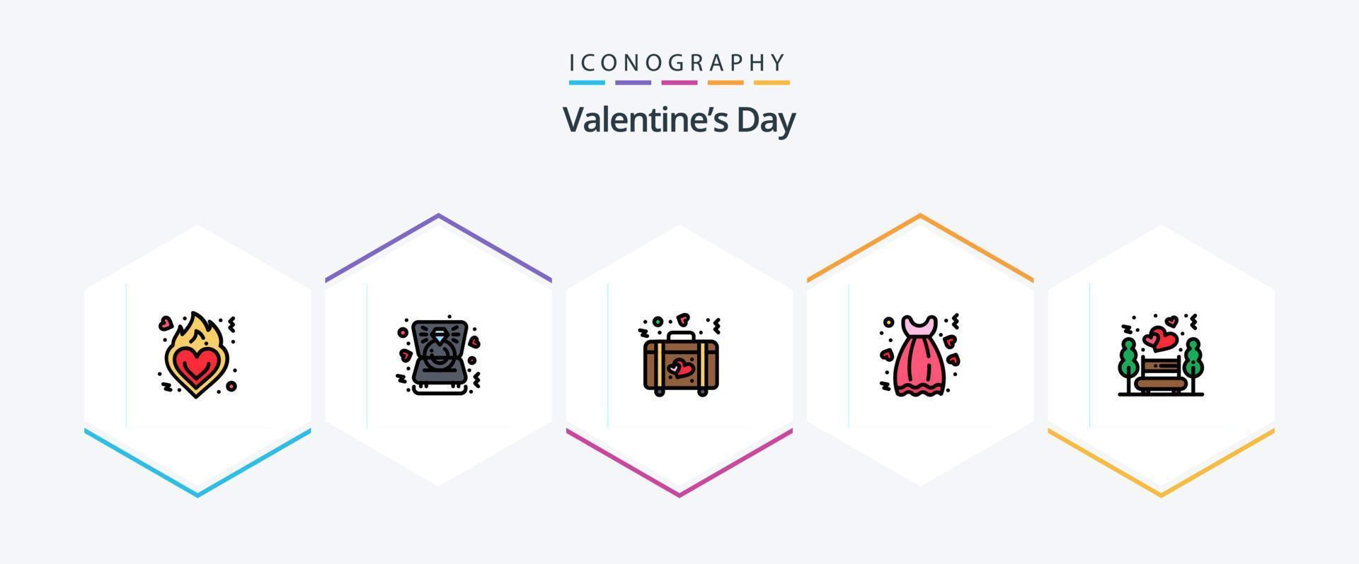 valentijnsdag dag 25 gevulde lijn icoon pak inclusief nacht datum. gewaad. aktentas. jurk. kleding vector