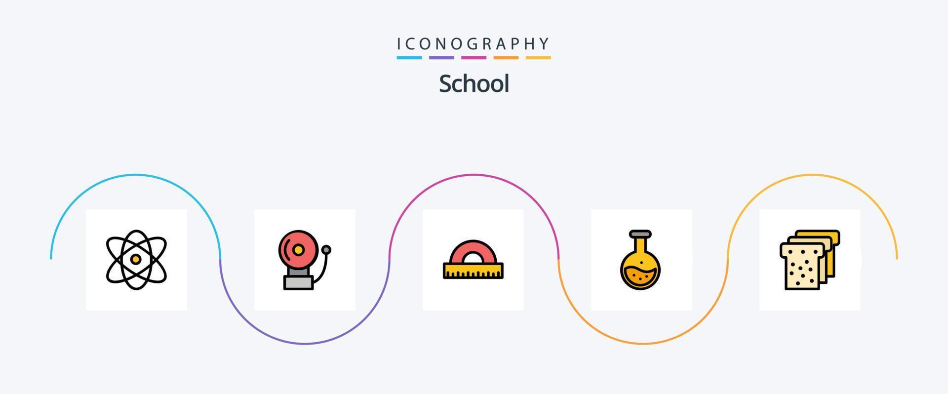 school- lijn gevulde vlak 5 icoon pak inclusief voedsel. onderwijs. tekening. testen. labe vector