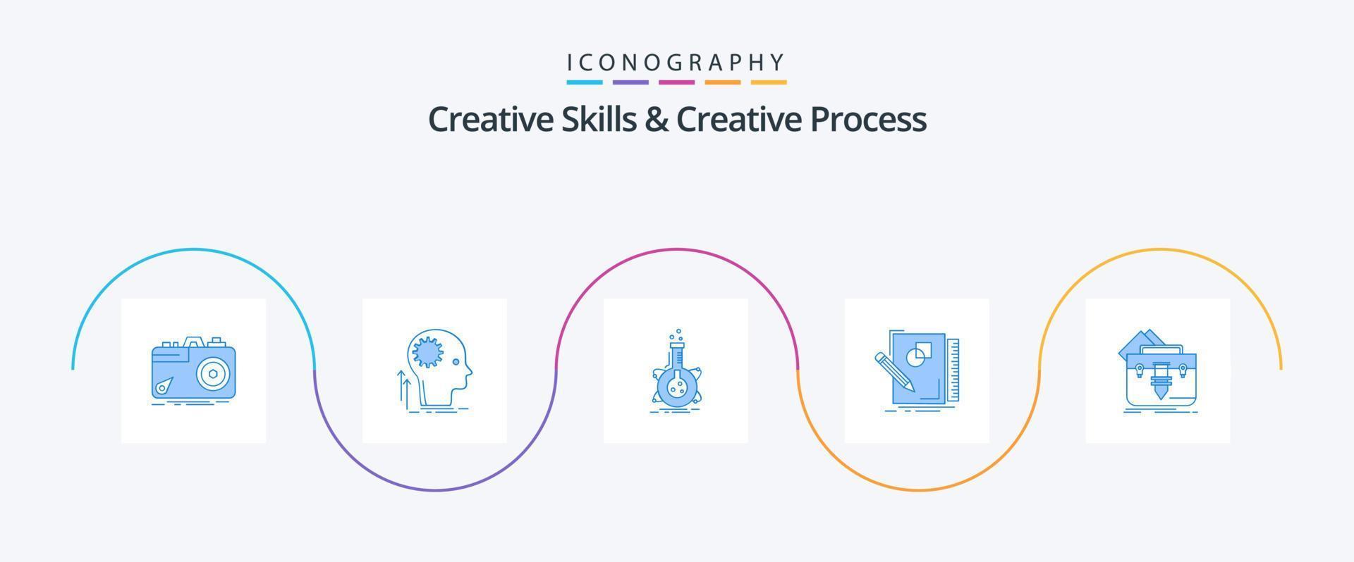creatief vaardigheden en creatief werkwijze blauw 5 icoon pak inclusief ontwerp. schetsen. idee. ontwikkeling. fles vector