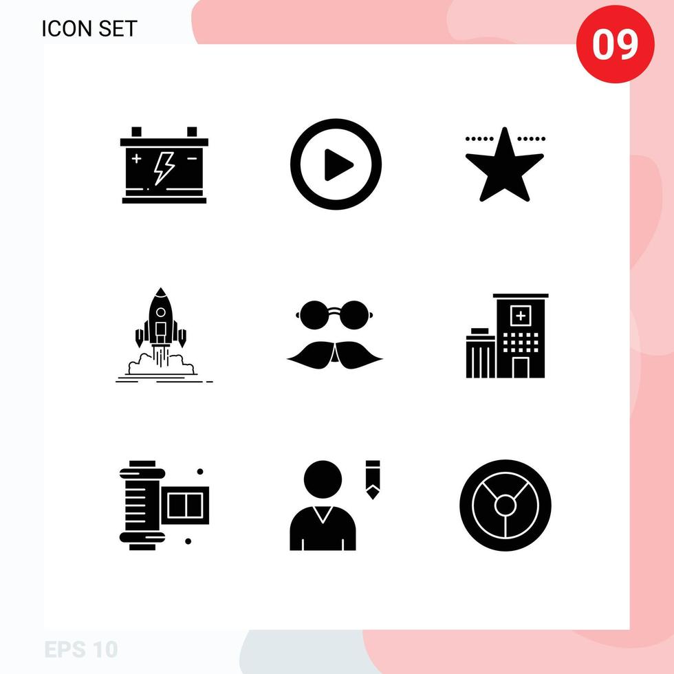 modern reeks van 9 solide glyphs pictogram van movember snor Hollywood publiceren shuttle bewerkbare vector ontwerp elementen