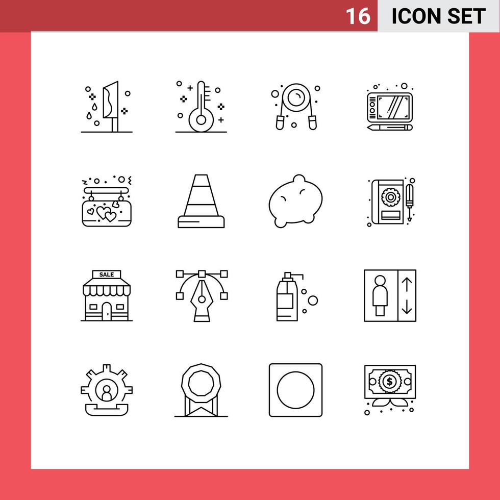 universeel icoon symbolen groep van 16 modern contouren van bord tablet thermometer trek Sportschool bewerkbare vector ontwerp elementen