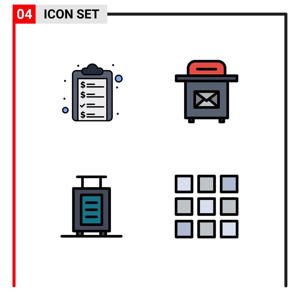 modern reeks van 4 gevulde lijn vlak kleuren pictogram van controleren lijst koffer geld brievenbus web ontwerp bewerkbare vector ontwerp elementen