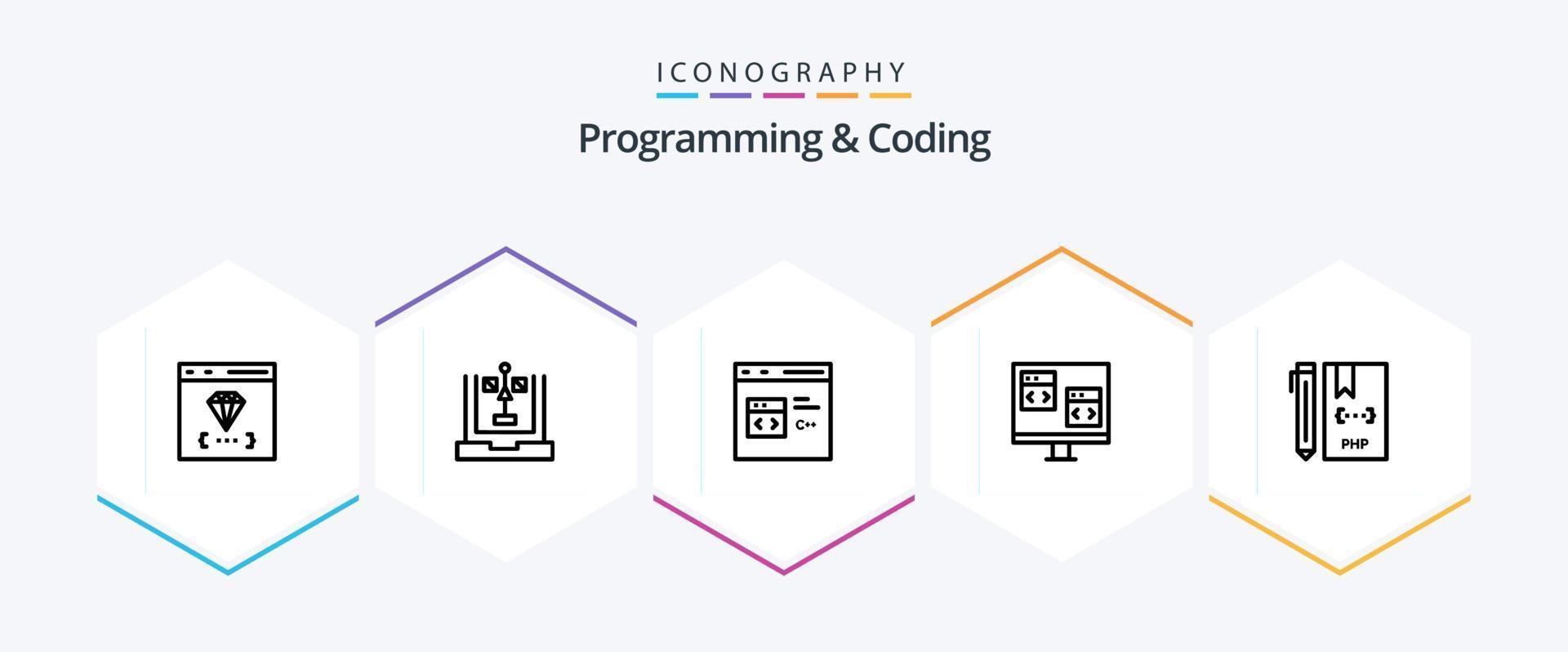 programmering en codering 25 lijn icoon pak inclusief computer. app. stroomschema. ontwikkeling. codering vector