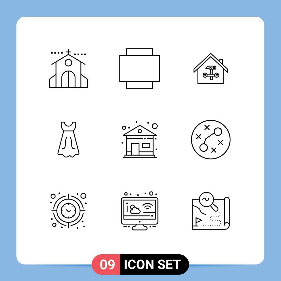 universeel icoon symbolen groep van 9 modern contouren van huis bruiloft gebouw meisje moersleutel bewerkbare vector ontwerp elementen