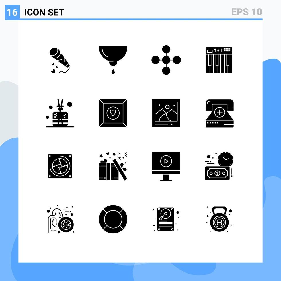 16 solide glyph concept voor websites mobiel en apps midi hardware melk controleur netwerk bewerkbare vector ontwerp elementen
