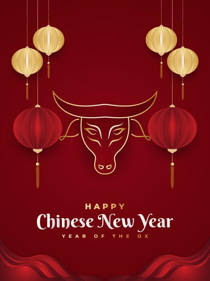 gelukkig chinees nieuwjaar 2021 jaar van de os. chinese wenskaart versierd met ossenkop en lantaarns op rood papier achtergrond vector