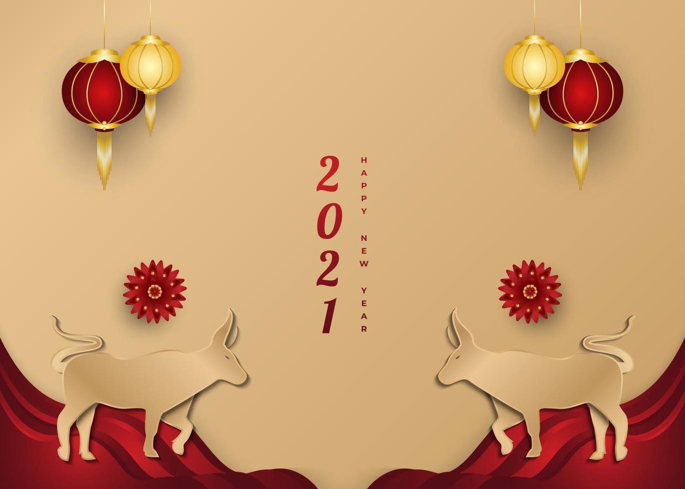 Chinees Nieuwjaar 2021 groet banner met gouden os en lantaarn op papier gesneden achtergrond vector