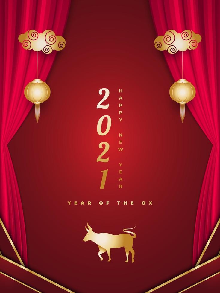 gelukkig chinees nieuwjaar 2021 jaar van de os. chinese wenskaart versierd met gouden os, lantaarns en rode gordijnen op rode achtergrond vector